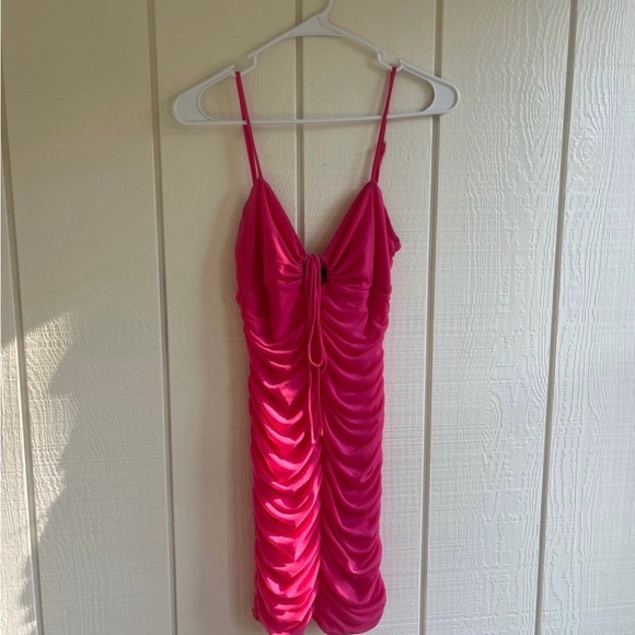 Cotton Candy Hot Pink Ruched Mini Dress - Picture 2 of 5